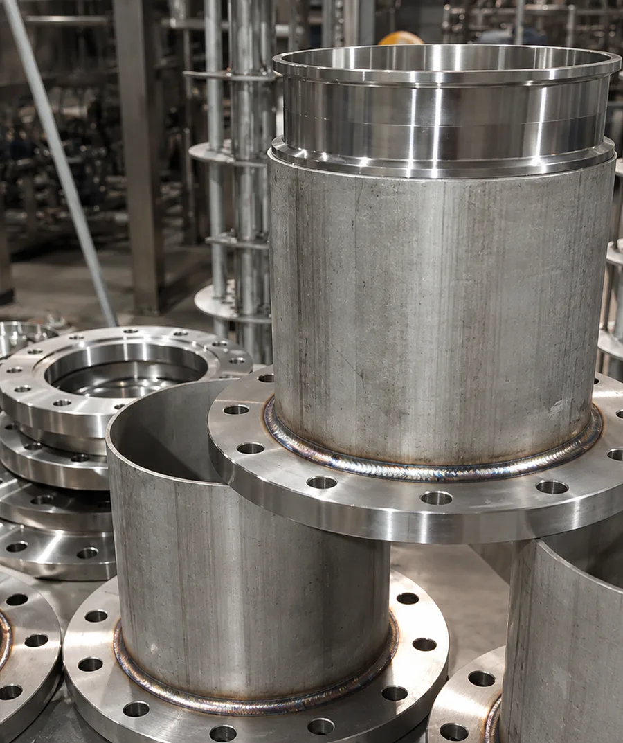 Conjunto de troços cilíndricos com flanges circulares.